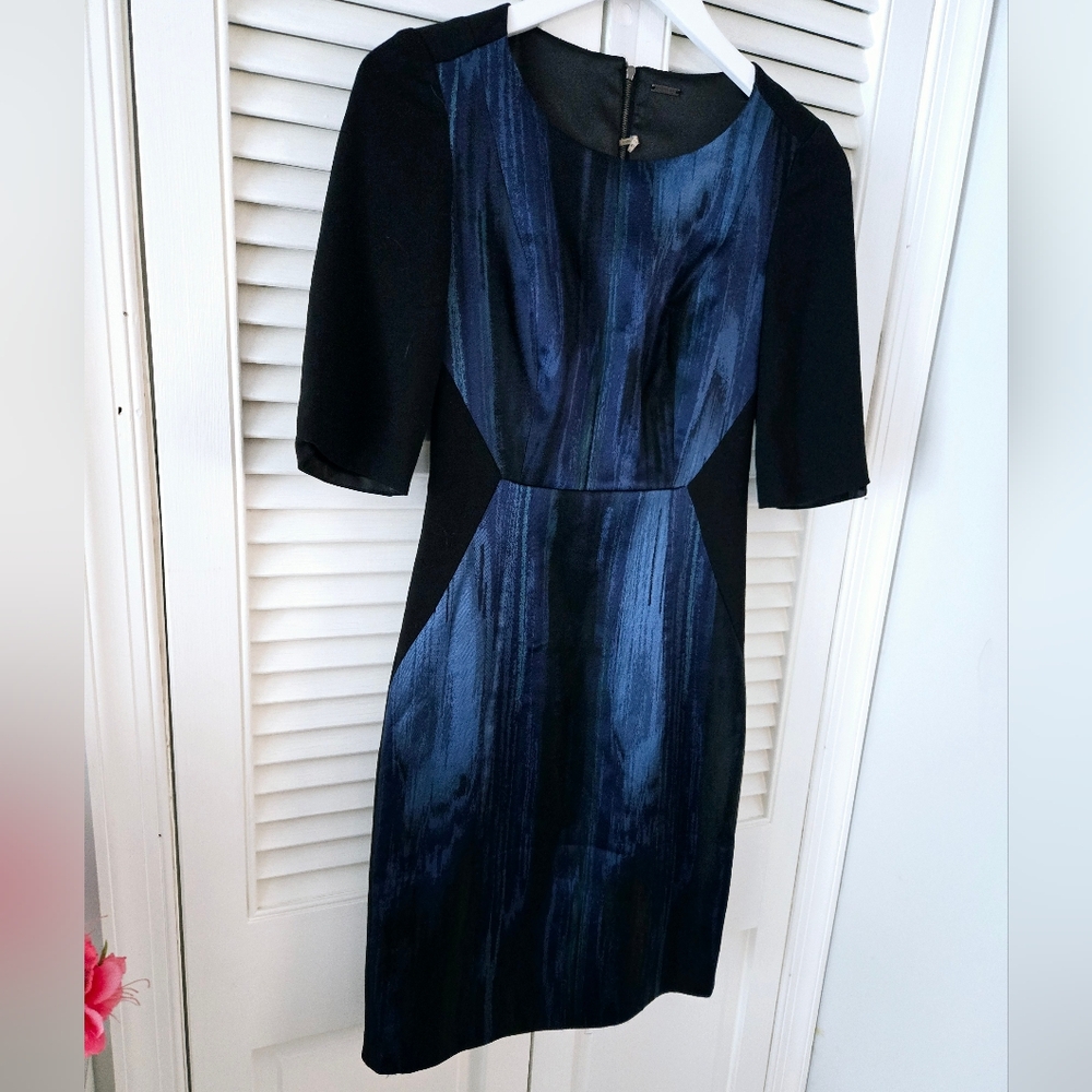Elie Tahari Blue Metallic Watercolor Sheath Dress Size 0 - Picture 4 of 10